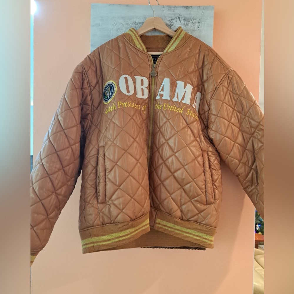 Vintage Barack Obama Jacket XL Quilted Y2K Brown Hip Hop